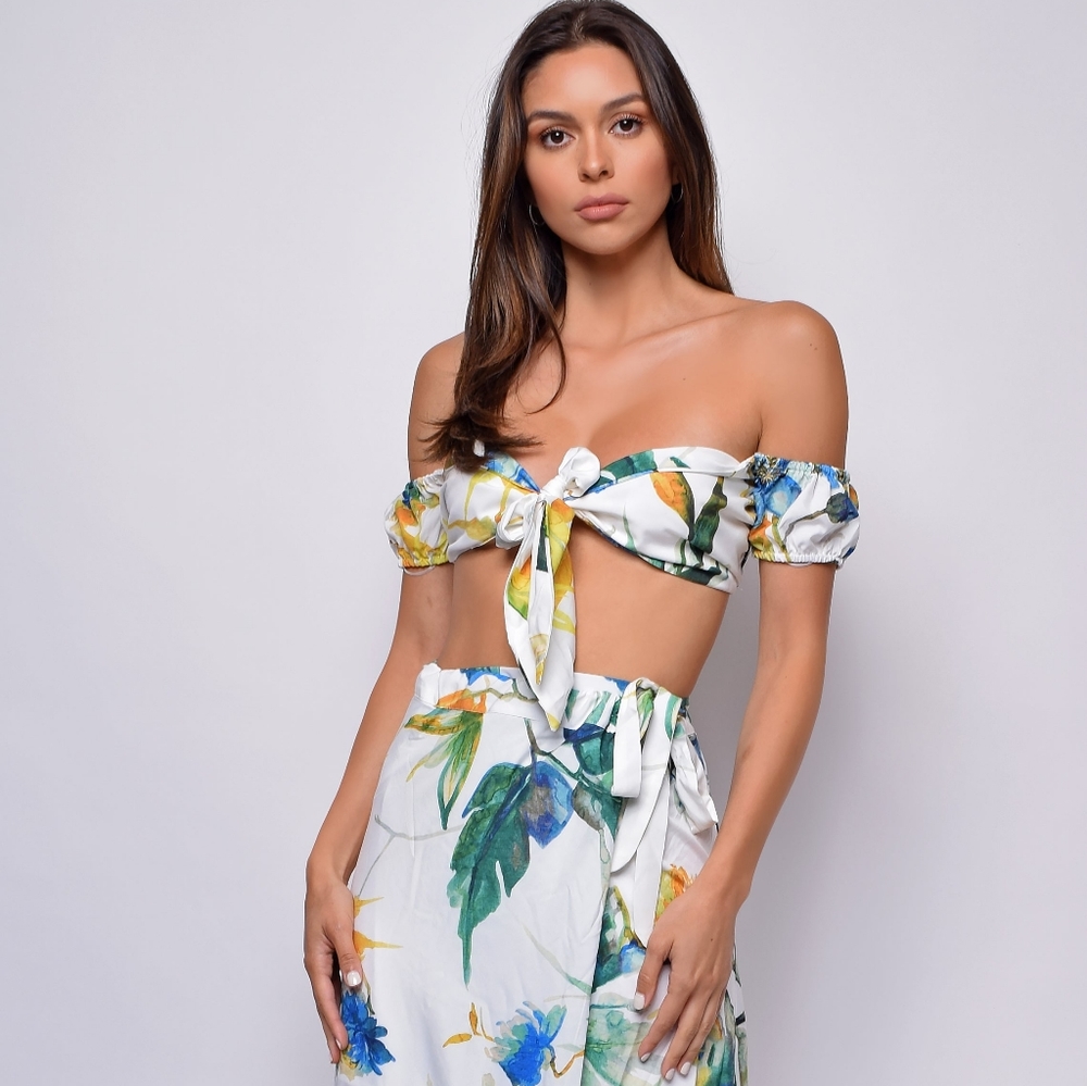 Tahiti white tropical floral top & skirt set